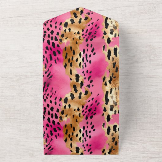 Girly Pink Glam Leopard Print All In One Uitnodiging (Buitenkant)