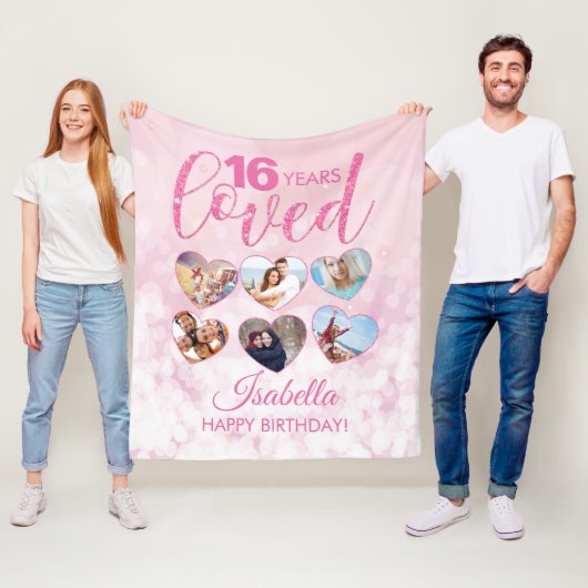 Girly Pink Glitter 16th Birthday Foto Collage Fleece Deken (In situ)