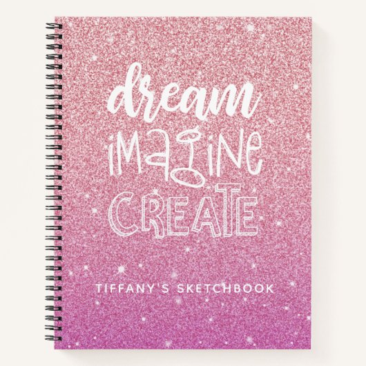 Girly Pink Glitter Artist Sketchbook met naam Notitieboek (Voorkant)