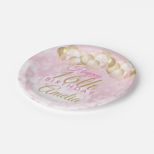 Girly Pink Glitter Balloons 16th Birthday Papieren Bordje (Gekanteld)