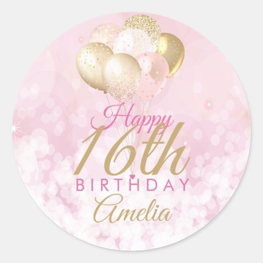 Girly Pink Glitter Balloons 16th Birthday Ronde Sticker (Voorkant)
