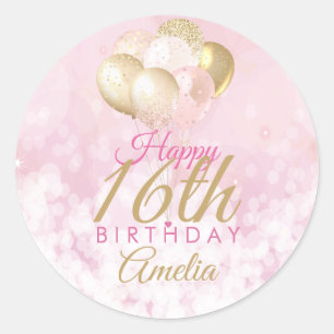 Girly Pink Glitter Balloons 16th Birthday Ronde Sticker