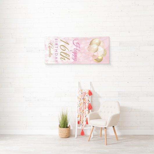 Girly Pink Glitter Balloons 16th Birthday Spandoek (Insitu)