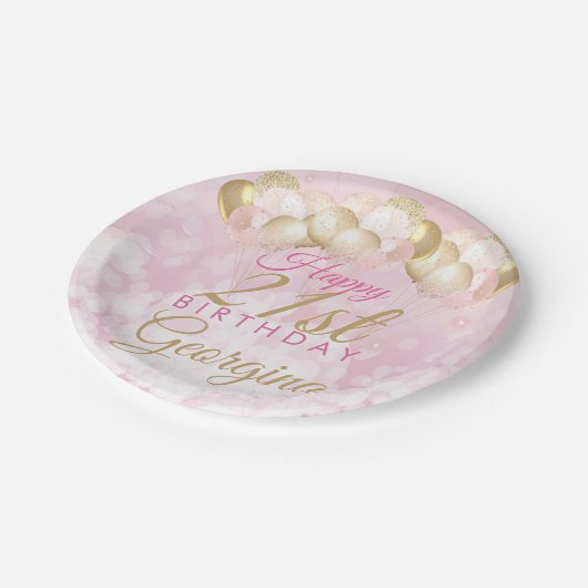 Girly Pink Glitter Balloons 21e verjaardag Papieren Bordje (Gekanteld)