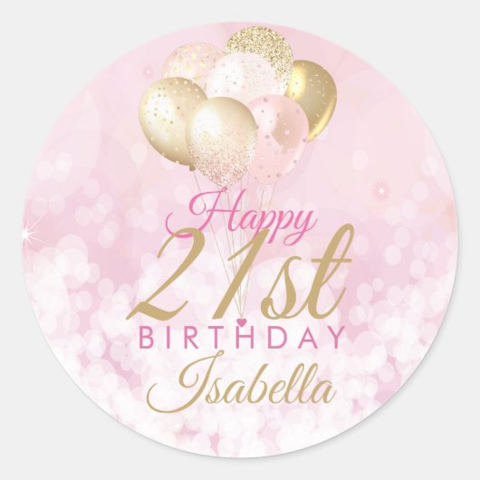 Girly Pink Glitter Balloons 21e verjaardag Ronde Sticker (Voorkant)