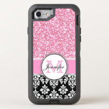 Girly, Pink, Glitter Black Damask