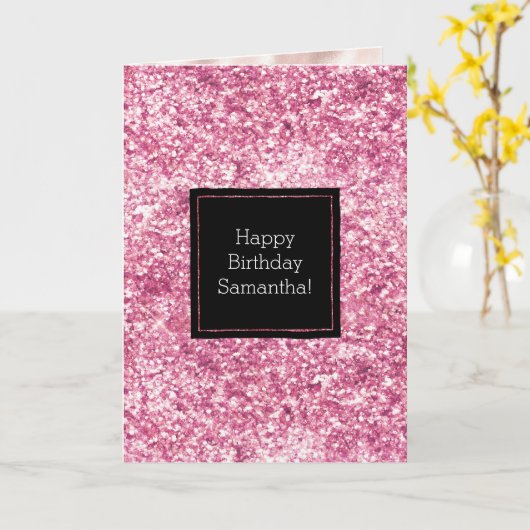 Girly Pink Glitter Confetti Kaart (Gele Bloem)