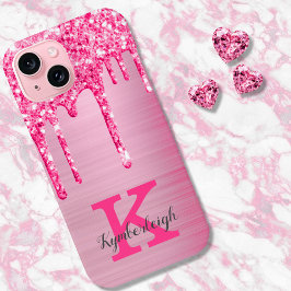 Girly Pink Glitter Drift Chic Glam Monogram Name iPhone 15 Case