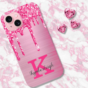 Girly Pink Glitter Drift Chic Glam Monogram Name iPhone 15 Case