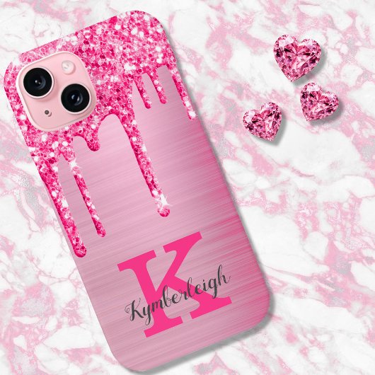 Girly Pink Glitter Drift Chic Glam Monogram Name Case-Mate iPhone Case