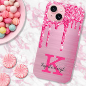 Girly Pink Glitter Drift Chic Glam Monogram Name Case-Mate iPhone Case