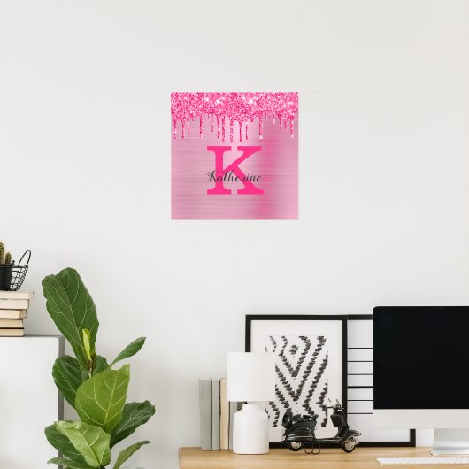 Girly Pink Glitter Drift Chic Glam Monogram Name Poster (Thuiskantoor)