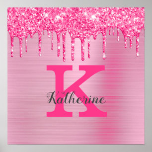 Girly Pink Glitter Drift Chic Glam Monogram Name Poster