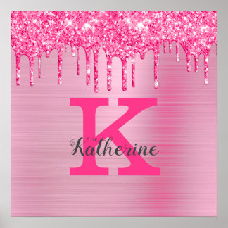Girly Pink Glitter Drift Chic Glam Monogram Name Poster
