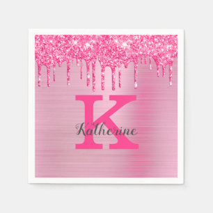 Girly Pink Glitter Drift Chic Glam Monogram Name Servet