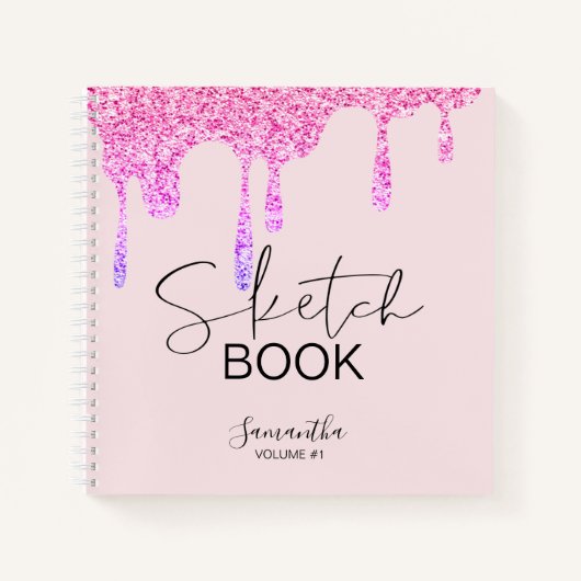Girly Pink Glitter Drift Jouw naam Sketch Notitieboek (Voorkant)