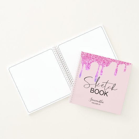 Girly Pink Glitter Drift Jouw naam Sketch Notitieboek (Binnen)