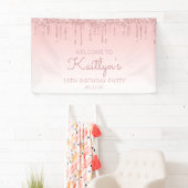 Girly Pink Glitter Drip 16th Birthday Party Spandoek (Insitu)