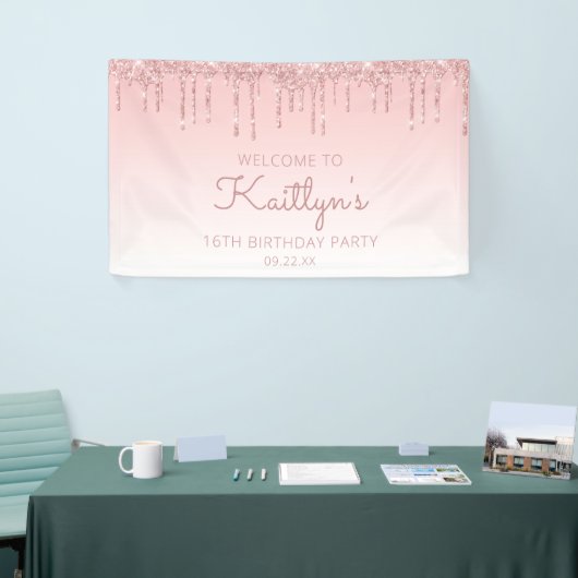 Girly Pink Glitter Drip 16th Birthday Party Spandoek (Beurs)