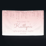 Girly Pink Glitter Drip 16th Birthday Party Spandoek<br><div class="desc">Welkom gasten met deze chic,  meisjes zestiende verjaardagsbanner,  met een lichtroze faux glitter drip border en een roze ombre background. Personaliseer het met haar naam in het donkere handschrift van het roos,  met de verjaardag en de datum hieronder in het roos sans serif doopvont.</div>