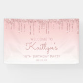 Girly Pink Glitter Drip 16th Birthday Party Spandoek (Horizontaal)