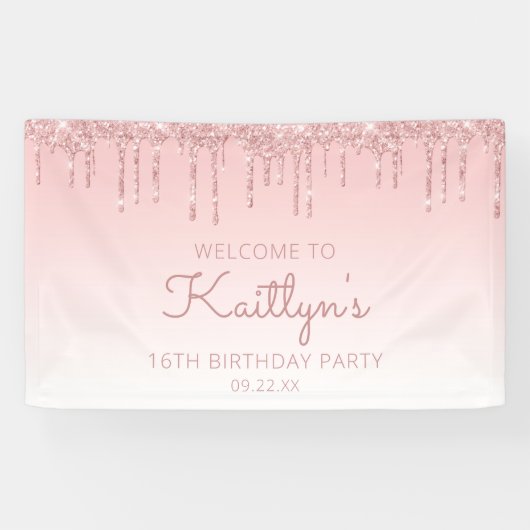 Girly Pink Glitter Drip 16th Birthday Party Spandoek (Horizontaal)