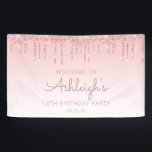 Girly Pink Glitter Drip 18th Birthday Party Spandoek<br><div class="desc">Welkom gasten met deze chic,  meisjes 18-tiende verjaardagsbanner,  met een lichtroze faux glitter drip border en een roze ombre background. Personaliseer het met haar naam in het handschrift van het roos,  met de verjaardag en de datum hieronder in roos sans serif doopvont.</div>