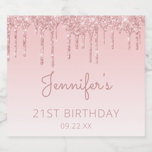 Girly Pink Glitter Drip 21st Birthday Party Sparkling Wijnetiket (Enkel label)