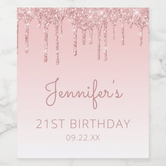Girly Pink Glitter Drip 21st Birthday Party Wijn Etiket (Enkel label)