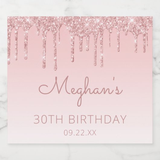 Girly Pink Glitter Drip 30th Birthday Party Sparkling Wijnetiket (Enkel label)