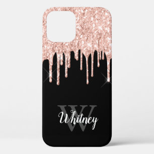 Girly Pink Glitter Drip Gray Monogram Case-Mate iPhone Case