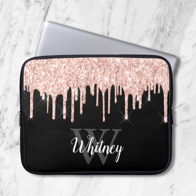 Girly Pink Glitter Drip Gray Monogram Laptop Sleeve (Creator heeft geüpload)