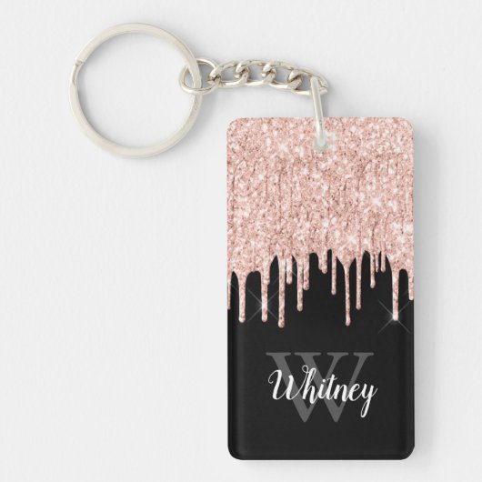Girly Pink Glitter Drip Gray Monogram Sleutelhanger (Voorkant)