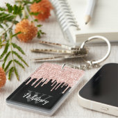 Girly Pink Glitter Drip Gray Monogram Sleutelhanger (Voorkant Rechts)