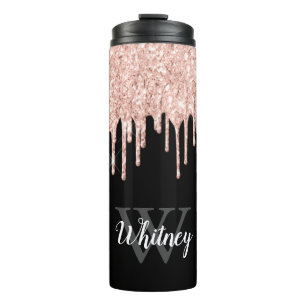 Girly Pink Glitter Drip Gray Monogram Thermosbeker