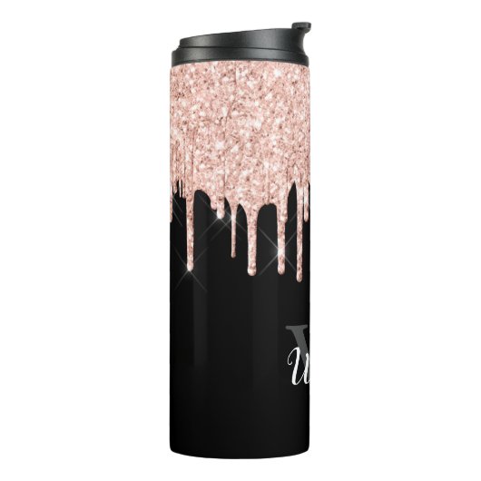 Girly Pink Glitter Drip Gray Monogram Thermosbeker (Gedraaid links)