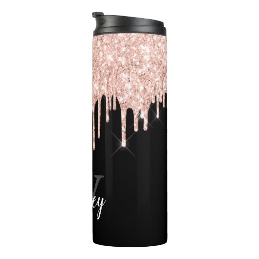 Girly Pink Glitter Drip Gray Monogram Thermosbeker (Geroteerd rechts)