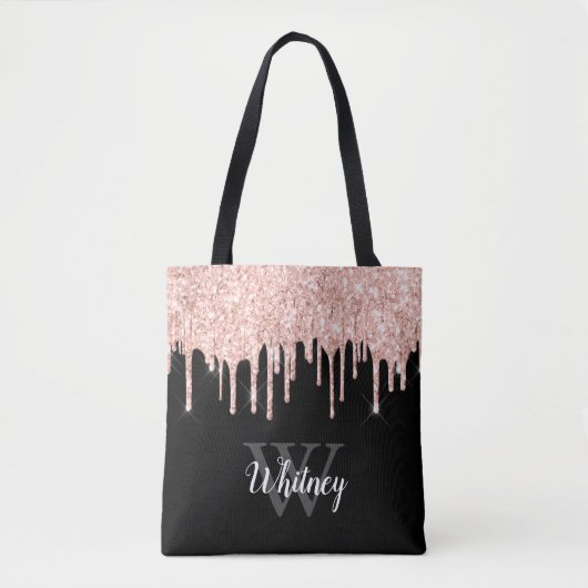 Girly Pink Glitter Drip Gray Monogram Tote Bag (Voorkant)