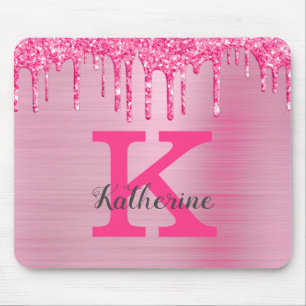 Girly Pink Glitter Drips Chic Glam Monogram Name Muismat
