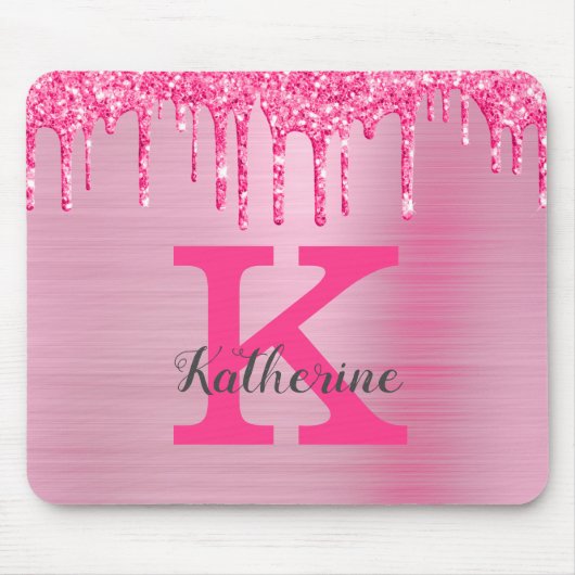 Girly Pink Glitter Drips Chic Glam Monogram Name Muismat (Voorkant)