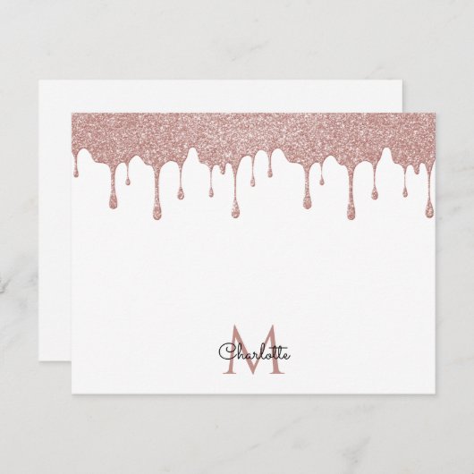 Girly Pink Glitter Drips Monogram Elegant Script Notitiekaartje (Voorkant / Achterkant)