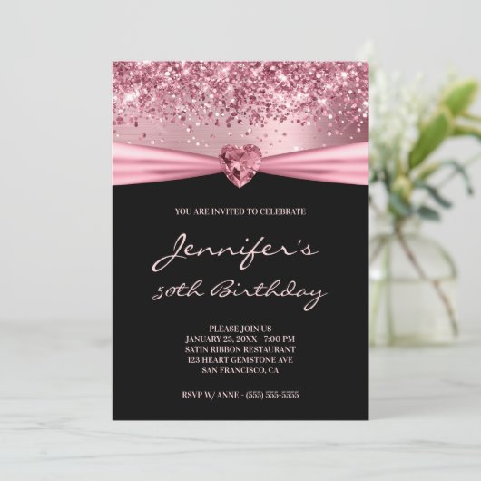 Girly Pink Glitter Folie Gem Heart 50th Birthday Kaart (Staand voorkant)