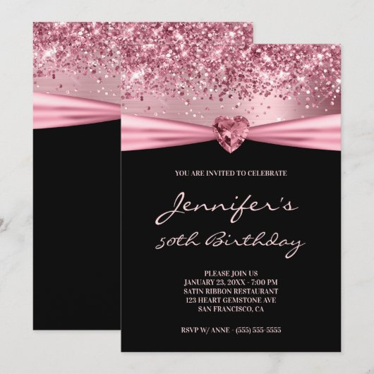 Girly Pink Glitter Folie Gem Heart 50th Birthday Kaart (Voorkant / Achterkant)