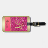 Girly Pink Glitter Golden Monogram Letter M Bagagelabel (Voorkant horizontaal)