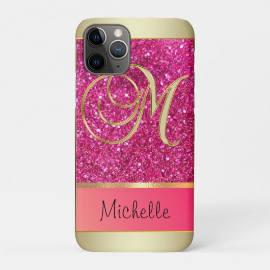 Girly Pink Glitter Golden Monogram Letter M Case-Mate iPhone Case (Achterkant)