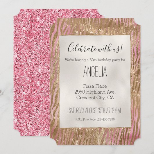 Girly Pink Glitter Goud Glam Zebra print Kaart (Voorkant / Achterkant)