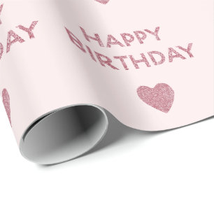 Girly Pink Glitter Happy Birthday Hearts Cadeaupapier