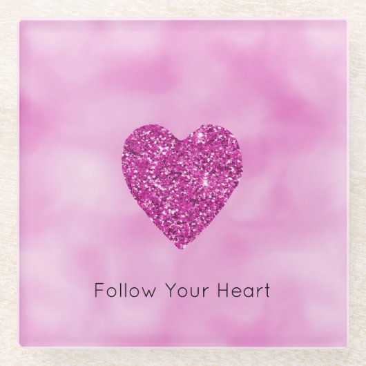 Girly Pink Glitter Heart Glazen Onderzetter (Voorkant)