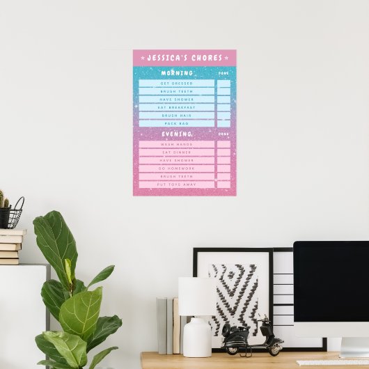 Girly Pink Glitter Kids Dry Erase Daily Chores  Poster (Thuiskantoor)