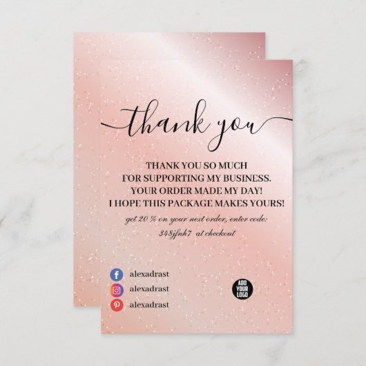 Girly Pink Glitter Korting Bericht Hartelijk dank Bedankkaart (Voorkant / Achterkant)